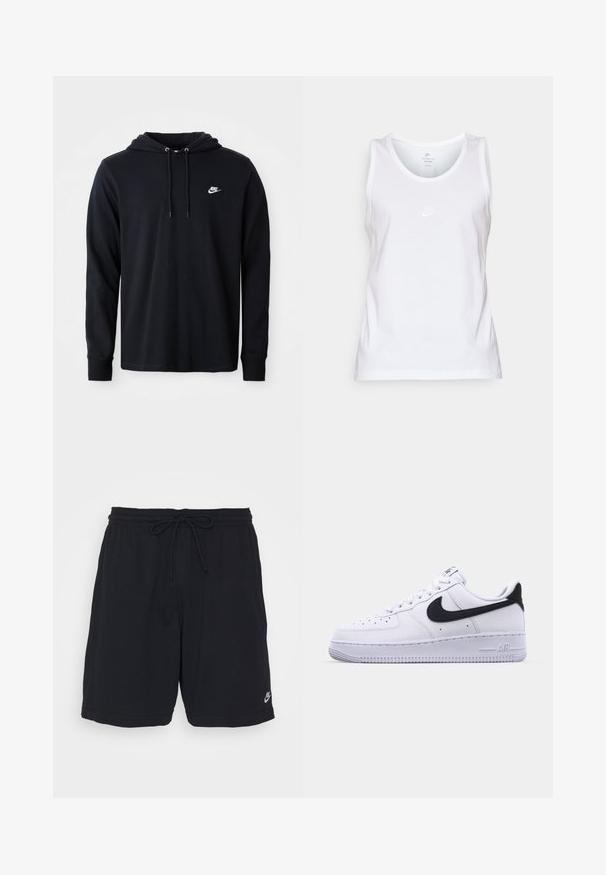 Μαύρο φούτερ Nike με μακριά μανίκια, κουκούλα με κορδόνι και μικρό λευκό λογότυπο Nike στο αριστερό στήθος, σε λευκό φόντο.; Λευκό βαμβακερό αμάνικο μπλουζάκι με στρογγυλή λαιμόκοψη, χωρίς μανίκια, και ένα μικρό τονικό λογότυπο Nike στο μπροστινό μέρος. Λείος υφασμάτινος σχεδιασμός.; Μαύρα αθλητικά σορτς από μαλακό ύφασμα με ελαστική μέση, κορδόνι και μικρό εκτυπωμένο λογότυπο στο κάτω αριστερό πόδι.; Λευκό δερμάτινο αθλητικό παπούτσι με υφή μαύρου Swoosh, επίπεδα κορδόνια και καουτσούκ σόλα με ραβδωτό σχέδιο. Η λέξη "AIR" είναι ανάγλυφη στην φτέρνα.