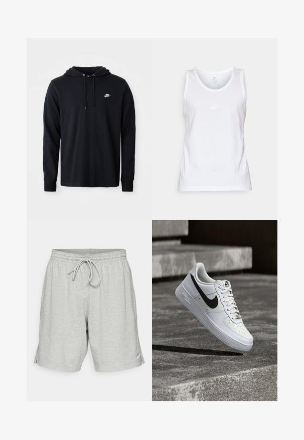 Μαύρο φούτερ Nike με μακριά μανίκια, κουκούλα με κορδόνι και μικρό λευκό λογότυπο Nike στο αριστερό στήθος, σε λευκό φόντο.; Λευκό βαμβακερό αμάνικο μπλουζάκι με στρογγυλή λαιμόκοψη, χωρίς μανίκια, και ένα μικρό τονικό λογότυπο Nike στο μπροστινό μέρος. Λείος υφασμάτινος σχεδιασμός.; Γκρι αθλητικές βερμούδες κατασκευασμένες από μαλακό ύφασμα, με ελαστική ζώνη στη μέση και κορδόνι, και με ένα μικρό λογότυπο στην κάτω αριστερή πλευρά.; Λευκό αθλητικό παπούτσι Nike Air Force 1 με μαύρο λογότυπο swoosh, δεμένα κορδόνια, τοποθετημένο στον αέρα πάνω από υφή σκυροδέματος σε εξωτερικό χώρο.