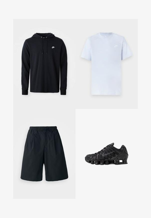 Sort langærmet Nike hoodie med snoretræk i hætten og lille hvid Nike-logo på venstre bryst, vist på en almindelig hvid baggrund.; Lyseblå bomulds t-shirt med korte ærmer, rund hals og et hvidt Nike-logo trykt på venstre bryst. Glat tekstur, simpelt design.; Sorte shorts med elastisk talje og justerbar snor. Lavet af et glat stof, med en løs pasform og uden synlige mønstre.; Sorte atletikskoser lavet af mesh og syntetiske materialer, med et karakteristisk bølget design, sort gummisål og reflekterende detaljer.
