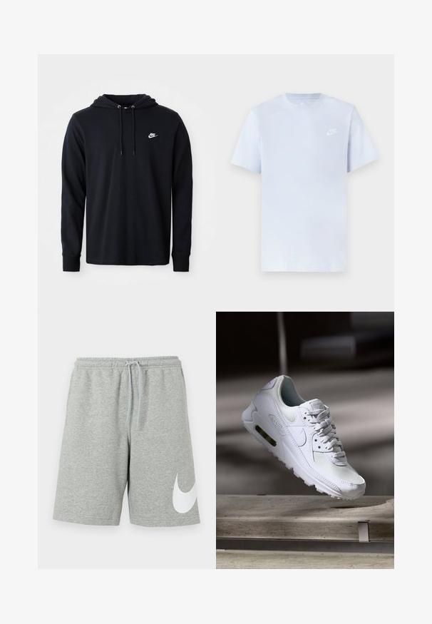 Μαύρο φούτερ Nike με μακριά μανίκια, κουκούλα με κορδόνι και μικρό λευκό λογότυπο Nike στο αριστερό στήθος, σε λευκό φόντο.; Ανοιχτό μπλε βαμβακερό μπλουζάκι με κοντά μανίκια, στρογγυλή λαιμόκοψη και λευκό λογότυπο Nike εκτυπωμένο στο αριστερό στήθος. Λείο υλικό, απλός σχεδιασμός.; Ανοιχτό γκρι αθλητικά σορτς με ελαστική μέση, κορδόνι και μεγάλο λευκό λογότυπο Nike swoosh στο κάτω αριστερό πόδι.; Λευκό αθλητικό παπούτσι Nike Air Max 90 με άνω μέρος από διχτυωτό και δερμάτινο υλικό, τρυπητό μπροστινό μέρος και ορατή μονάδα αέρα στη φτέρνα.