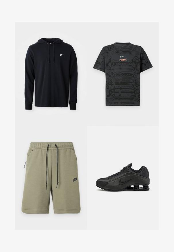 Sort langærmet Nike hoodie med snoretræk i hætten og lille hvid Nike-logo på venstre bryst, vist på en almindelig hvid baggrund.; Sort T-shirt med et tekstureret mønster, der har en lille Nike-logo i lyseblå og en rektangulær logo-patch i kontrastfarver.; Olivengrønne Nike-shorts med sort snøre, elastisk talje, sidelommer og Nike-logo på venstre ben.; Sorte løbesko med en glat syntetisk overdel, perforerede detaljer, teksturerede sidedele og en distinkt fjedrende sål.