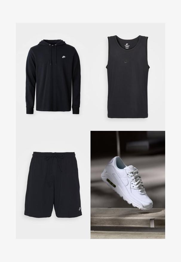 Sort langærmet Nike hoodie med snoretræk i hætten og lille hvid Nike-logo på venstre bryst, vist på en almindelig hvid baggrund.; Sort ærmeløs Nike tanktop lavet af bomuld, med rund halsudskæring og et lille præget logo på brystet. Glat stoftekstur.; Sorte sportshorts lavet af blødt stof med en elastisk talje, snøre og et lille trykt logo på nederste venstre ben.; Hvide lædersneakers med teksturerede overflader, polstret krave og synlig luftpolstring i sålen. Har snørrebånd og et minimalistisk design.