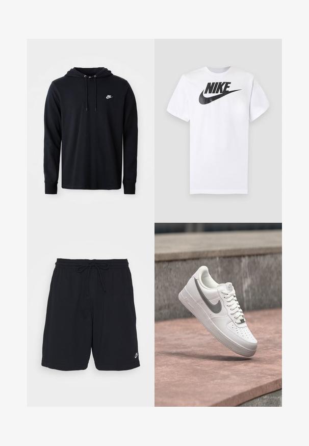 Μαύρο φούτερ Nike με μακριά μανίκια, κουκούλα με κορδόνι και μικρό λευκό λογότυπο Nike στο αριστερό στήθος, σε λευκό φόντο.; Λευκό κοντομάνικο T-shirt με μαύρο λογότυπο Nike και swoosh στο κέντρο του στήθους σε μονόχρωμο γκρι φόντο.; Μαύρα αθλητικά σορτς από μαλακό ύφασμα με ελαστική μέση, κορδόνι και μικρό εκτυπωμένο λογότυπο στο κάτω αριστερό πόδι.; Λευκό sneaker Nike Air Force 1 με γκρι λογότυπο swoosh να αιωρείται πάνω από μια πέτρινη επιφάνεια και φόντο από γκρι πέτρινο τοίχο.