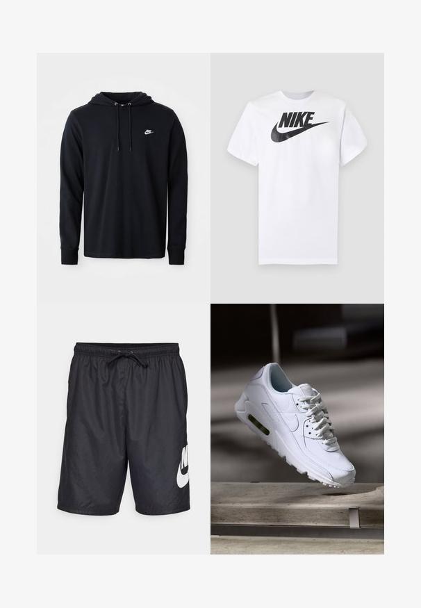 Μαύρο φούτερ Nike με μακριά μανίκια, κουκούλα με κορδόνι και μικρό λευκό λογότυπο Nike στο αριστερό στήθος, σε λευκό φόντο.; Λευκό κοντομάνικο T-shirt με μαύρο λογότυπο Nike και swoosh στο κέντρο του στήθους σε μονόχρωμο γκρι φόντο.; Μαύρες μαγιό σορτς κατασκευασμένες από ελαφρύ υλικό, με ελαστική μέση και κορδόνι και μία μεγάλη λευκή λογότυπο της Nike στο αριστερό πόδι.; Λευκό δερμάτινο αθλητικό παπούτσι με υφή στην επιφάνεια, επενδεδυμένο κολάρο και ορατή αεροστιβάδα στη σόλα. Περιλαμβάνει κορδόνια και μινιμαλιστικό σχέδιο.