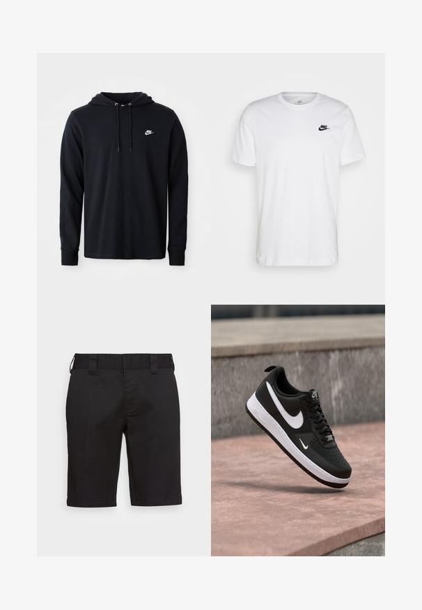 Schwarze Nike-Hoodie mit langen Ärmeln und Kapuze mit Kordelzug sowie kleinem weißen Nike-Logo auf der linken Brust, präsentiert vor einem schlichten weißen Hintergrund.; Weißes Baumwoll-T-Shirt mit Rundhalsausschnitt, kurzen Ärmeln und einem schwarzen Nike-Logo auf der linken Brust. Einfaches, einfarbiges Design.; Schwarze Shorts aus glattem Stoff, mit geradem Schnitt, zwei Gesäßtaschen, flachem Bund und Gürtelschlaufen. Keine sichtbaren Muster oder Akzente.; Schwarz-weißer Nike Air Force 1 Sneaker, der über einer rosa Betonfläche mit grauem Stein-Hintergrund schwebt.