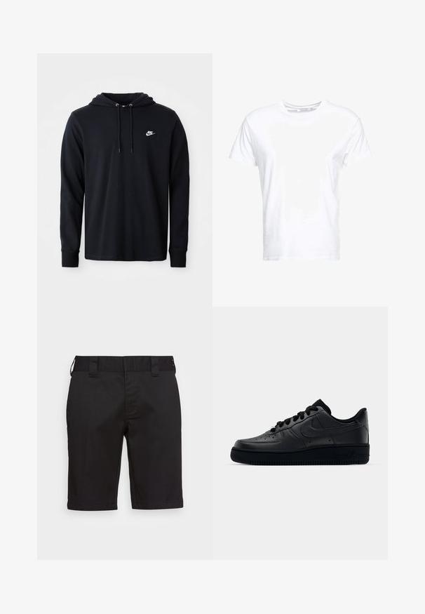 Μαύρο φούτερ Nike με μακριά μανίκια, κουκούλα με κορδόνι και μικρό λευκό λογότυπο Nike στο αριστερό στήθος, σε λευκό φόντο.; Λευκό βαμβακερό μπλουζάκι με στρογγυλή λαιμόκοψη και κοντό μανίκι, σε κλασική γραμμή και λεία υφή. Χωρίς ορατά σχέδια ή μεταλλικά μέρη.; Μαύρα σορτς από гладкий ύφασμα, με ίσια γραμμή, δύο πίσω τσέπες, επίπεδη ζώνη και θηλιές ζώνης. Χωρίς ορατά σχέδια ή διακοσμητικά στοιχεία.; Μαύρο παπούτσι Nike Air Force 1 με λείο δερμάτινο άνω μέρος, τρυπητή μύτη για αναπνοή, μαύρες κορδόνες και υφή ελαστικής σόλας.
