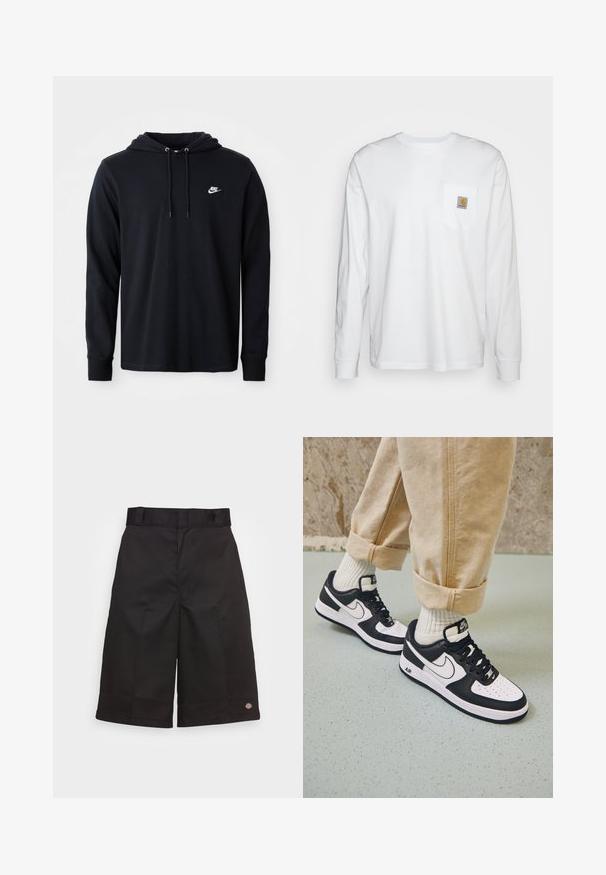 Schwarze Nike-Hoodie mit langen Ärmeln und Kapuze mit Kordelzug sowie kleinem weißen Nike-Logo auf der linken Brust, präsentiert vor einem schlichten weißen Hintergrund.; Langärmliges, weißes Hemd aus Baumwolle mit einer Brusttasche und einem quadratischen Logopatch. Einfaches Design mit rundem Ausschnitt und gefütterten Ärmeln.; Schwarze Baumwollshorts mit geradem Schnitt, knielang, mit sichtbar eingesticktem Markenzeichen am Saum und einer glatten Textur.; Schwarz-weiße Nike Air Force 1 Sneaker mit einem Obermaterial aus Leder, perforierter Zehenpartie und strukturiertem Sohlendesign, getragen mit aufgerollten beigen Hosen und weißen Socken.