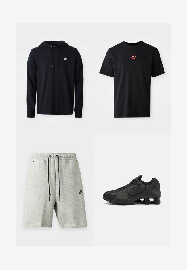 Μαύρο φούτερ Nike με μακριά μανίκια, κουκούλα με κορδόνι και μικρό λευκό λογότυπο Nike στο αριστερό στήθος, σε λευκό φόντο.; Μαύρο βαμβακερό T-shirt με κοντό μανίκι, με εξαγωνικό κόκκινο και λευκό λογότυπο Nike στο στήθος και στρογγυλή λαιμόκοψη.; Ανοιχτό γκρι σορτς Nike με μαύρα κορδόνια, ελαστική μέση, πλαϊνές τσέπες και μικρό μαύρο λογότυπο Nike στο αριστερό πόδι.; Μαύρα αθλητικά παπούτσια με λείο συνθετικό άνω μέρος, διάτρητες λεπτομέρειες, υφή στις πλευρές και ξεχωριστή ελαστική σόλα.