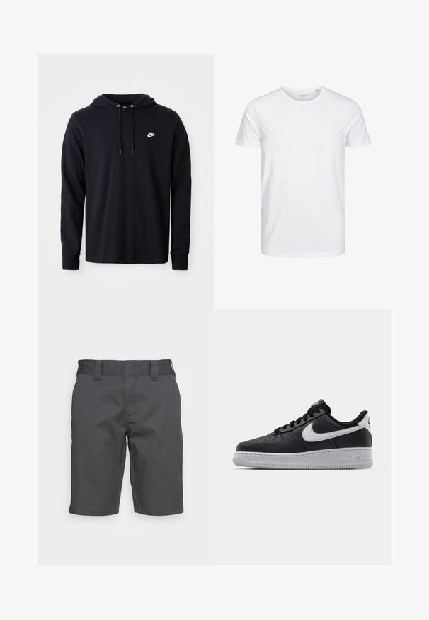 Μαύρο φούτερ Nike με μακριά μανίκια, κουκούλα με κορδόνι και μικρό λευκό λογότυπο Nike στο αριστερό στήθος, σε λευκό φόντο.; Μπλούζα κοντομάνικη με στρογγυλή λαιμόκοψη σε λευκό χρώμα, φτιαγμένη από απαλό βαμβάκι, διαθέτει απλό σχέδιο χωρίς ορατά μοτίβα ή διακοσμητικά.; Σκούρο γκρι σορτς κατασκευασμένα από ανθεκτικό ύφασμα, με ίσια μπροστινή πλευρά, θηλιές ζώνης και ελαφρώς χαλαρή εφαρμογή, χωρίς ορατά σχέδια ή λεπτομέρειες.; Μαύρο δερμάτινο αθλητικό παπούτσι με υφασμάτινη επιφάνεια, άσπρο λογότυπο Nike, γκρίζα σόλα, στρογγυλή μύτη και σχέδιο με κορδόνια. Διαθέτει διάτρητα σημεία στην περιοχή της μύτης.