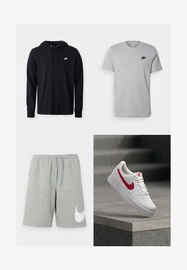 Must mustaga nike kapuutsiga, millel on paela ja väike valge nike logo vasakul rindkere piirkonnas, esitatud lihtsal valgel taustal.; Halli lühikeste varrukatega T-särk, mis on valmistatud puuvillast ja millel on rinnal must Nike'i logo ning ümar kaelus. Minimalistlik disain, ilma mustriteta.; Helesed hallid spordipüksid elastse vöökoha, nööri ja suure valge Nike Swoosh logoga vasaku jala alumisel osal.; Valge Nike Air Force 1 toss punase Swoosh-logooga hõljumas betoonist ääre ja treppide kohal taustal.