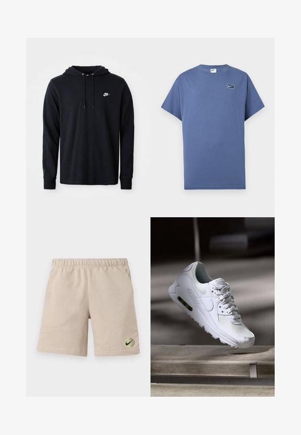 Μαύρο φούτερ Nike με μακριά μανίκια, κουκούλα με κορδόνι και μικρό λευκό λογότυπο Nike στο αριστερό στήθος, σε λευκό φόντο.; Μπλε κοντομάνικη μπλούζα με στρογγυλή λαιμόκοψη και μικρό λογότυπο Nike swoosh μέσα σε στρογγυλεμένο τετράγωνο στο αριστερό στήθος.; Μπεζ βαμβακερό σορτς με ελαστική μέση, πλαϊνές τσέπες και μικρό μαύρο λογότυπο Nike Swoosh σε πράσινη και κίτρινη υδρόγειο κοντά στο τελείωμα.; Λευκό αθλητικό παπούτσι Nike Air Max 90 με άνω μέρος από διχτυωτό και δερμάτινο υλικό, τρυπητό μπροστινό μέρος και ορατή μονάδα αέρα στη φτέρνα.