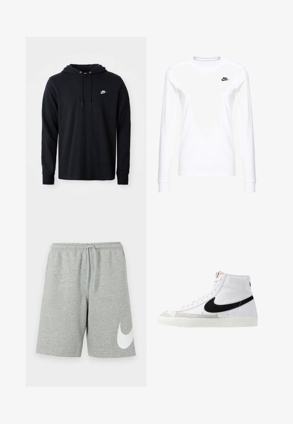 Μαύρο φούτερ Nike με μακριά μανίκια, κουκούλα με κορδόνι και μικρό λευκό λογότυπο Nike στο αριστερό στήθος, σε λευκό φόντο.; Λευκό μπλουζάκι με μακριά μανίκια από βαμβάκι, με ένα μικρό μαύρο λογότυπο Nike στην αριστερή πλευρά του στήθους και στρογγυλή λαιμόκοψη. Λείος υφή.; Ανοιχτό γκρι αθλητικά σορτς με ελαστική μέση, κορδόνι και μεγάλο λευκό λογότυπο Nike swoosh στο κάτω αριστερό πόδι.; Λευκά ψηλά μορφωμένα παπούτσια με μαύρη γραμμή, υφασμάτινη γκρι μύτη και επίπεδη λευκή σόλα. Διαθέτει έξι τρυπήματα και ραμμένες λεπτομέρειες.