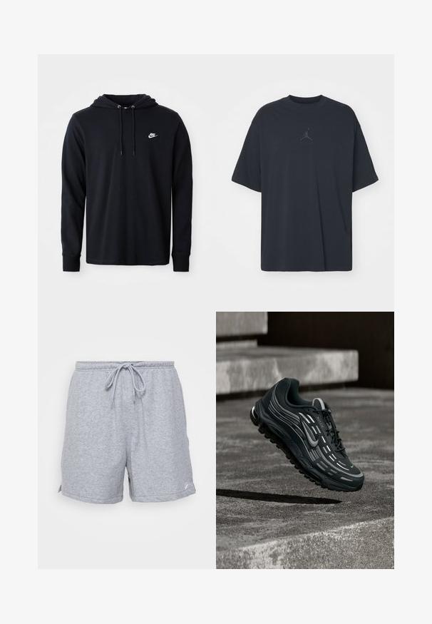 Schwarze Nike-Hoodie mit langen Ärmeln und Kapuze mit Kordelzug sowie kleinem weißen Nike-Logo auf der linken Brust, präsentiert vor einem schlichten weißen Hintergrund.; Schwarzes Baumwoll-T-Shirt mit lockerem Schnitt, rundem Hals, kurzen Ärmeln, mit einem dezenten Logo und dem Text "AIR" über dem Logo in der Mitte.; Graue Baumwoll-Sportshorts mit einem verstellbaren Kordelzugbund, seitlichen Eingrifftaschen und einem kleinen Logo am unteren Saum.; Schwarzer und grauer Nike Air Max Sneaker, der über graue Betonstufen mit strukturiertem Bodenhintergrund schwebt.