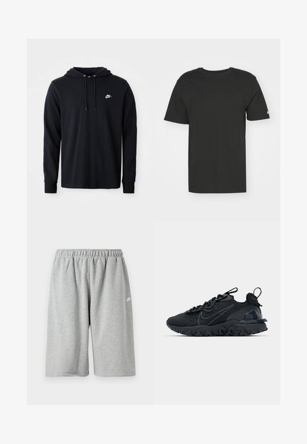 Sort langærmet Nike hoodie med snoretræk i hætten og lille hvid Nike-logo på venstre bryst, vist på en almindelig hvid baggrund.; Sort T-shirt lavet af blød bomuld, med korte ærmer og rund hals. Enkel design med et lille logo på venstre ærme.; Grå bomuldsshorts med elastik i taljen, med løs pasform og et lille hvidt logo nær kanten. Glat tekstur, længde over knæet.; Sort atletisk sko med en åndbar mesh-overdel, teksturerede detaljer og en bølget gummisål. Har reflekterende logo og snørresystem.