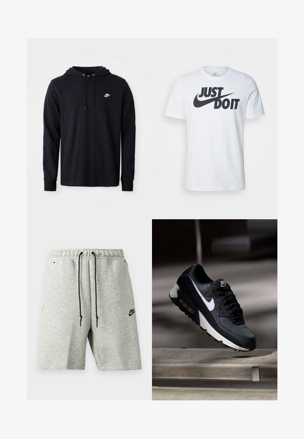 Μαύρο φούτερ Nike με μακριά μανίκια, κουκούλα με κορδόνι και μικρό λευκό λογότυπο Nike στο αριστερό στήθος, σε λευκό φόντο.; Λευκό μπλουζάκι από βαμβάκι με έντονο μαύρο λογότυπο "Just Do It" και σήμα Nike. Κλασικός σχεδιασμός με στρογγυλή λαιμόκοψη και κοντά μανίκια.; Ανοιχτό γκρι σορτς Nike με μαύρα κορδόνια, ελαστική μέση, πλαϊνές τσέπες και μικρό μαύρο λογότυπο Nike στο αριστερό πόδι.; Μαύρο και γκρι αθλητικό παπούτσι Nike Air Max με λευκό σήμα, κρεμασμένο πάνω από μια τσιμεντένια επιφάνεια σε θολό σκοτεινό φόντο.
