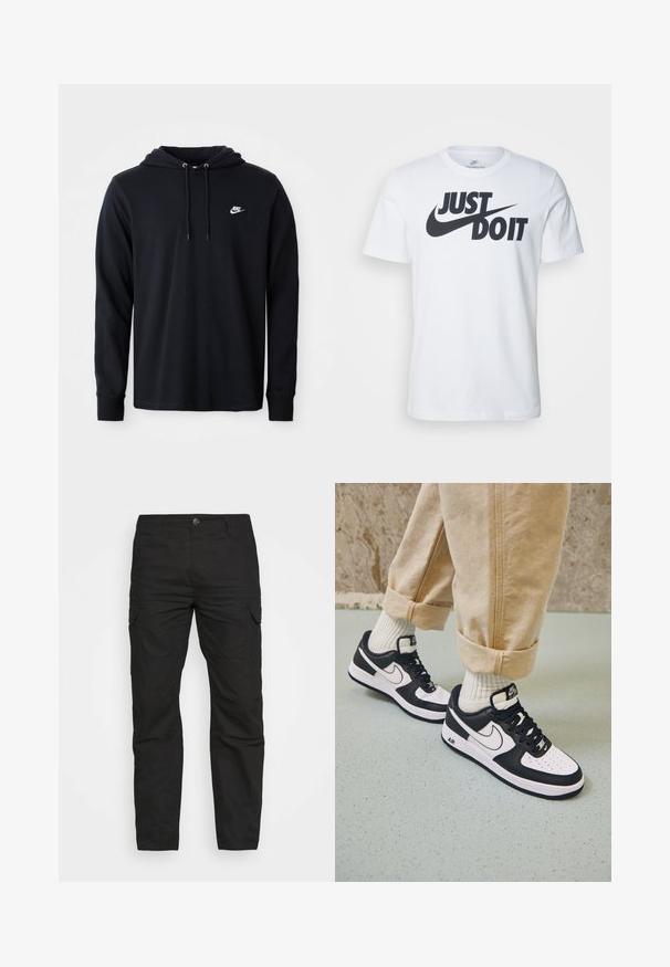 Μαύρο φούτερ Nike με μακριά μανίκια, κουκούλα με κορδόνι και μικρό λευκό λογότυπο Nike στο αριστερό στήθος, σε λευκό φόντο.; Λευκό μπλουζάκι από βαμβάκι με έντονο μαύρο λογότυπο "Just Do It" και σήμα Nike. Κλασικός σχεδιασμός με στρογγυλή λαιμόκοψη και κοντά μανίκια.; Μαύρο cargo παντελόνι με σχέδιο ευθείας κάννης, πολλούς θήκες και κλείσιμο με κουμπί, κατασκευασμένο από ανθεκτικό βαμβακερό ύφασμα.; Μαύρα και άσπρα αθλητικά παπούτσια Nike Air Force 1 με δερμάτινη επένδυση, τρυπητή μύτη και υφασμάτινη λεπτομέρεια στην σόλα, φορεμένα με τυλιγμένα μπεζ παντελόνια και λευκές κάλτσες.