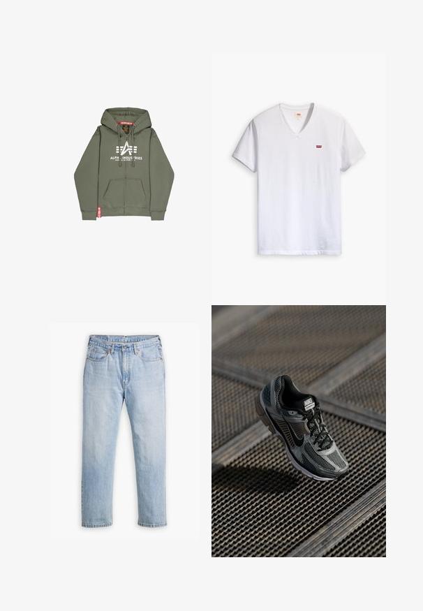 Veste à zip couleur olive en mélange de coton. Elle comporte une poche avant, un logo imprimé blanc et une étiquette d'accent rouge sur l'ourlet.; T-shirt blanc en coton à col en V avec des manches courtes et un petit logo rouge Levi's sur la poitrine. Texture douce, design décontracté.; Jean en denim bleu clair avec une coupe droite, style cinq poches et coutures contrastantes. Fermeture à bouton et à glissière à la taille.; La sneaker Nike Vomero 5 présente une tige en maille et synthétique grise, des accents noirs, un col rembourré et une semelle amortissante pour le confort.