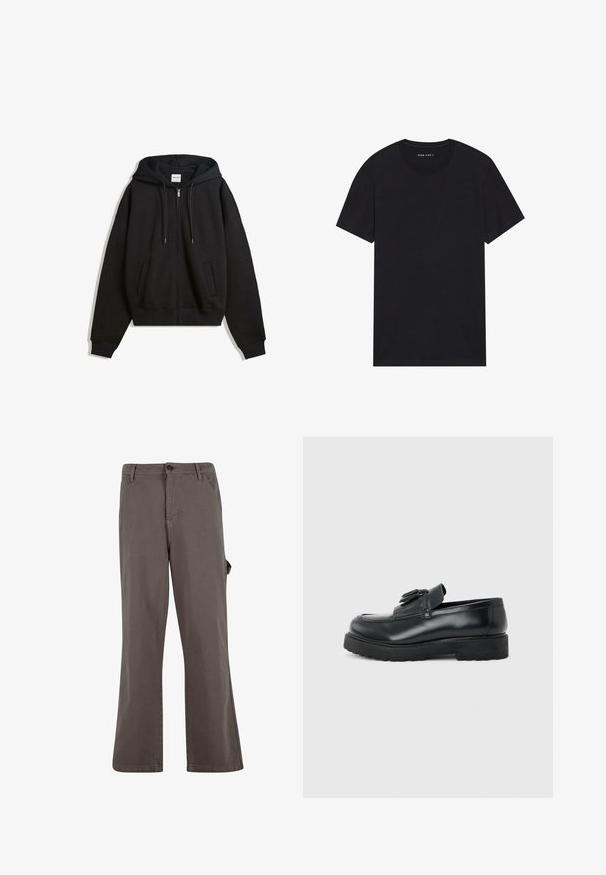 Sort zip-up hoodie med afslappet pasform, brede ærmer, frontlommer og justerbar snoretrækshætte. Lavet af blødt, struktureret stof.; Sort bomulds t-shirt med korte ærmer og rund halsudskæring. Stoffet har en glat tekstur og et enkelt, ensfarvet design.; Grå bomulds cargo bukser med en afslappet pasform, der har lige ben, frontlommer og en sidelomme til ekstra opbevaring.; Sort læderloafer med kvaster, tyk gummisål og lav hæl, vist i sideprofil på en ensfarvet baggrund.