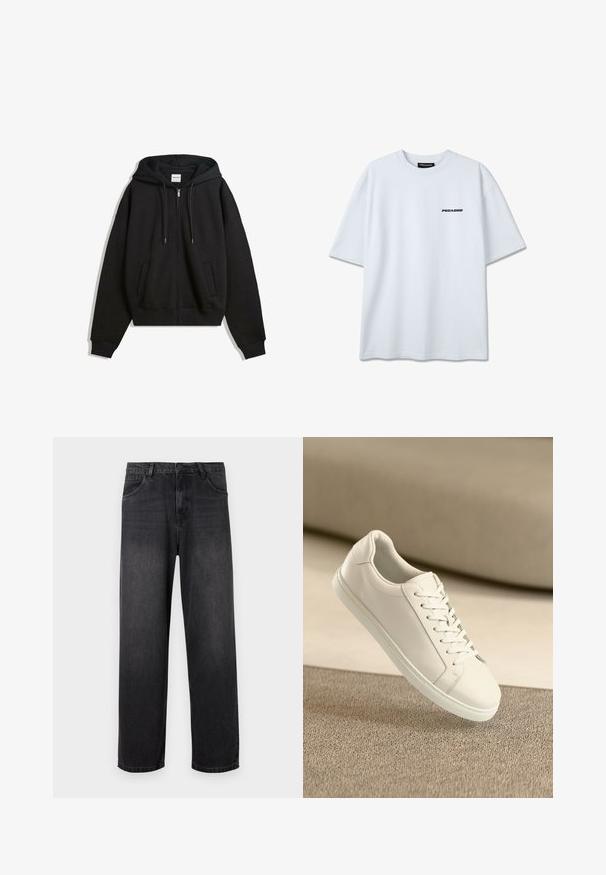 Sort zip-up hoodie med afslappet pasform, brede ærmer, frontlommer og justerbar snoretrækshætte. Lavet af blødt, struktureret stof.; Hvid t-shirt med korte ærmer og rund hals, med sort tekstlogo "PEGADOR" på venstre bryst og en sort label inde i kraven.; Mørkegrå denim jeans med lige ben, der har lynlås i gylpen, fem lommer og diskrete falmende detaljer på stoffet.; Hvide lædersneakers med hvide snørebånd, præsenteret på en beige tekstureret overflade og med en blødt uskarp baggrund.