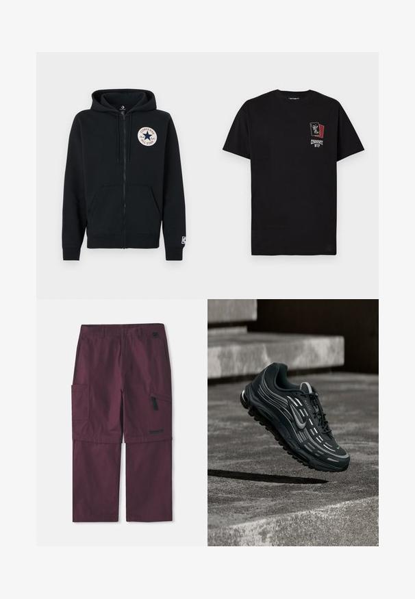 Sweat à capuche noir zippé en coton. Comprend une poche à l'avant, des poignets côtelés et un patch logo circulaire sur le côté gauche de la poitrine. Texture douce.; T-shirt noir à manches courtes Carhartt WIP avec un graphique de deux cartes à jouer superposées et le texte Carhartt WIP sur la poitrine gauche.; Pantalons cargo convertibles bordeaux avec poche zippée sur le côté et logo Timberland sur la jambe droite, avec entrejambe allongé montré.; Baskets Nike Air Max noires et grises flottant au-dessus de marches en béton gris avec un fond de sol texturé.
