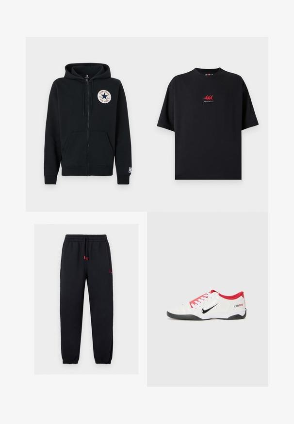 Sweat à capuche noir zippé en coton. Comprend une poche à l'avant, des poignets côtelés et un patch logo circulaire sur le côté gauche de la poitrine. Texture douce.; T-shirt noir à manches courtes en coton, avec des figures de course rouges brodées et un détail de ligne blanche. Conception col ras du cou.; Pantalon jogger noir avec ceinture et poignets élastiques, embouts de cordon rouges, et petit logo Jumpman rouge sur la partie supérieure de la cuisse gauche.; Chaussure de sport blanche avec des accents rouges, logo Swoosh noir et design texturé. Équipée de lacets blancs et d'une semelle noire. Le texte indique "total90".