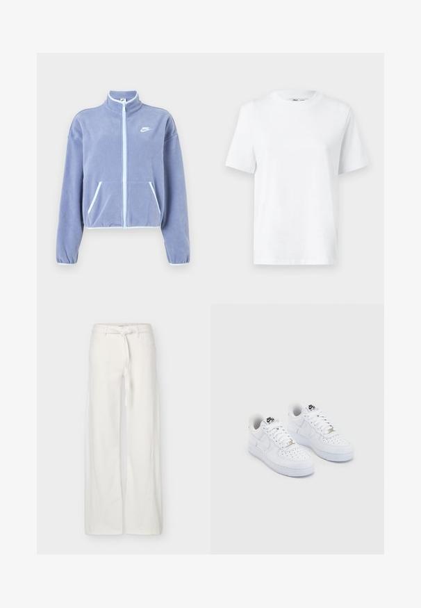 Lichtpaars fleece jack met een hoge kraag, rits aan de voorkant, twee zakken en witte accenten langs de rits en zoom. Nike-logo op de borst.; Witte katoenen T-shirt met ronde hals, korte mouwen en een gladde textuur. Ontworpen met een comfortabele en veelzijdige relaxte pasvorm.; Witte broek met wijde pijpen, voorzakken en een stoffen riem gestrikt in de taille, weergegeven op een effen achtergrond.; Witte Nike Air Force 1 sneakers met een glad leren bovenwerk, geperforeerde teenbox, witte veters en zwarte branding op de tong.