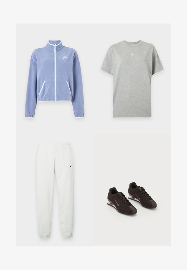 Lichtpaars fleece jack met een hoge kraag, rits aan de voorkant, twee zakken en witte accenten langs de rits en zoom. Nike-logo op de borst.; Grijs katoenen T-shirt met korte mouwen, ronde hals en klein wit Nike swoosh-logo in het midden van de borst.; Lichtgrijze Nike joggingbroek met een elastische tailleband, taps toelopende boorden en een klein zwart logo op de linker dij. Zachte, gestructureerde stof.; Zwarte sportieve schoenen met een gestructureerde bovenkant, bruine accenten en een paarse air-cushion zool. Vetersluiting met opvallende merkvoering.