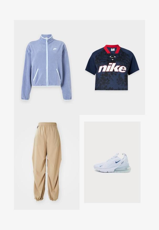 Lichtpaars fleece jack met een hoge kraag, rits aan de voorkant, twee zakken en witte accenten langs de rits en zoom. Nike-logo op de borst.; Navy blauwe korte mouwen crop top met zwart bloemenpatroon, rode kraag en groot wit Nike-logo met rode omlijning aan de voorkant.; Beige lichte broek met een elastische tailleband, taps toelopende boorden en een soepele textuur, met een relaxte pasvorm en zonder zichtbare patronen of versieringen.; Witte sportsneaker met lichtblauwe Nike-swoosh, mesh bovenwerk, vetersluiting en een transparante luchtgeveerde hak, getoond in zijaanzicht.