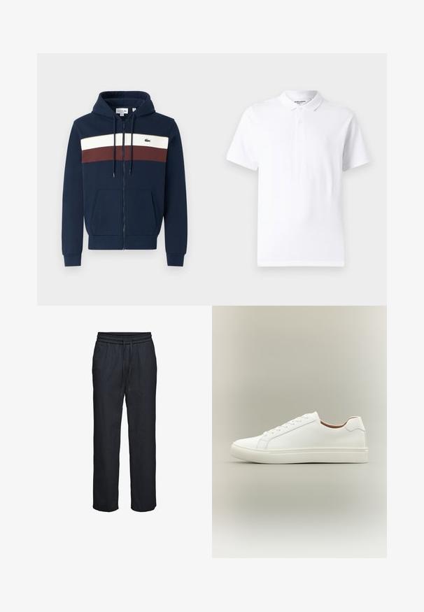 Námornícka zipsová mikina s bielymi a bordovými vodorovnými pruhmi, klokankovými vreckami, kapucňou so šnúrkou a logom Lacoste na hrudi.; Biela polokošele s klasickým golierom, dvojitým zapínaním na gombíky, krátkymi rukávmi a malým logom na hrudi. Vyrobená z hladkej tkaniny.; Čierne voľné nohavice s elastickým pásom a šnúrkou, rovné nohavice, vyrobené z ľahkej tkaniny.; Biela nízka teniska so šnurovaním a plochou podrážkou, zobrazená z boku na neutrálnom pozadí.