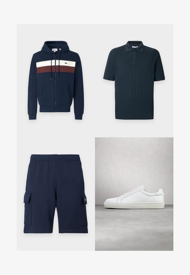 Sudadera con cremallera en color azul marino, con rayas horizontales en blanco y burdeos, bolsillos tipo canguro, capucha con cordón y logo de Lacoste en el pecho.; Polo de manga corta azul marino con textura acanalada, con cuello de solapa y tapeta de tres botones.; Pantalones cortos cargo azul marino hechos de tela suave, con una cintura elástica, dos bolsillos laterales y un pequeño detalle con logo en el bolsillo izquierdo.; Zapatilla blanca con parte superior de cuero liso y perfil bajo. Presenta una puntera redondeada, seis ojales y una suela de goma texturizada.