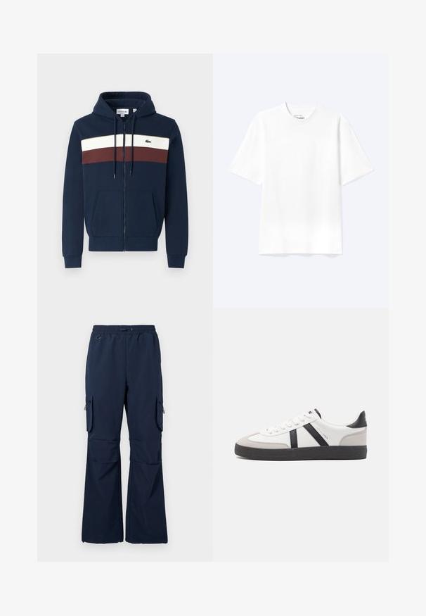 Navy Zip-Hoodie mit weißen und burgunderfarbenen horizontalen Streifen, Kängurutaschen, Kapuze mit Kordelzug und Lacoste-Logo auf der Brust.; Schlichtes weißes T-Shirt mit kurzen Ärmeln und Rundhalsausschnitt in entspannter Passform, auf hellem Hintergrund dargestellt.; Marine Cargo-Hosen aus leichtem Stoff mit einem Kordelzugbund, zwei seitlichen Taschen und mit Reißverschluss versehenen Cargo-Taschen an beiden Beinen.; Weiße Sneaker mit schwarz- und grau-aczenten, ausgestattet mit einer strukturierten grauen Zehenkappe, schwarzer Gummi-Sohle und flachen weißen Schnürsenkeln. Sauberes Design, minimalistische Stil.