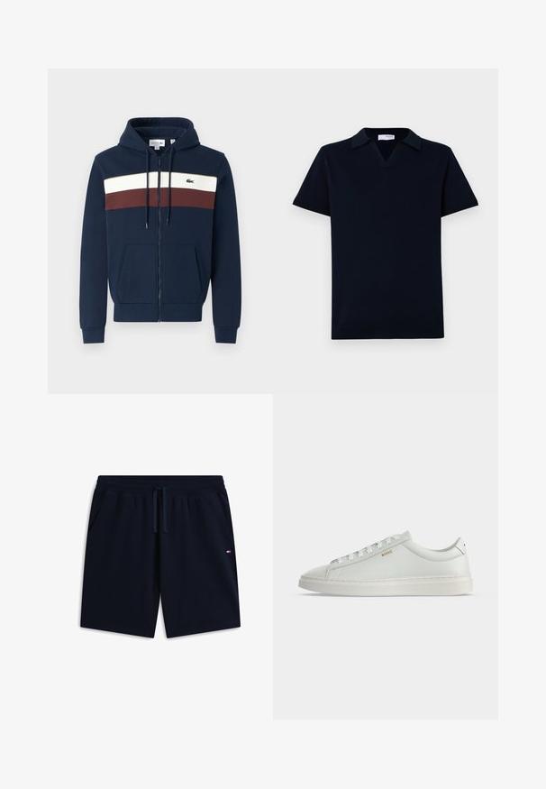 Tumesinine tõmblukkidega kapuutsiga dressipluus, valgete ja burgundia punaste horisontaalsete triipudega, ees suure kangaroo-taskuga, nööriga kapuuts ja Lacoste logo rinna peal.; Tumesinise kudumisega polo särk, millel on V-kaelus, lühikesed varrukad ja lame krae. Ribaga ääred ja mansetid ning sile tekstuur.; Tumesinised vabaajashortsid elastse vöökoha ja nööriga, küljetaskud ning väike lipulogo paremal taskualal.; Valge madala säärega nahast tennisejalats paeltega, tasase tallaga ja väikese kuldse "BOSS" logoga küljel, vaadatuna välisküljelt.