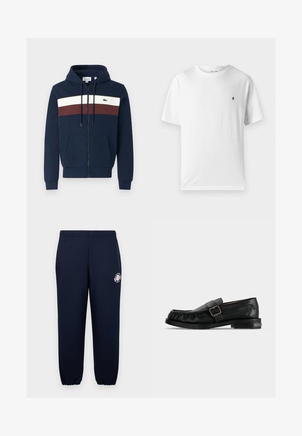 Námornícka zipsová mikina s bielymi a bordovými vodorovnými pruhmi, klokankovými vreckami, kapucňou so šnúrkou a logom Lacoste na hrudi.; Biela bavlnená tričko s okrúhlym výstrihom, krátkymi rukávmi a malým čiernym logom na hrudníku. Mäkká štruktúra, voľný strih.; Námornícke modré tepláky vyrobené z jemnej bavlny s elastickými manžetami a pásom. Na ľavej nohe sa nachádza biele logo Lacoste Paris.; Čierny kožený mokasín s prackou, prešitými detailmi okolo špičky a nízkym opätkom s kovovým akcentom.