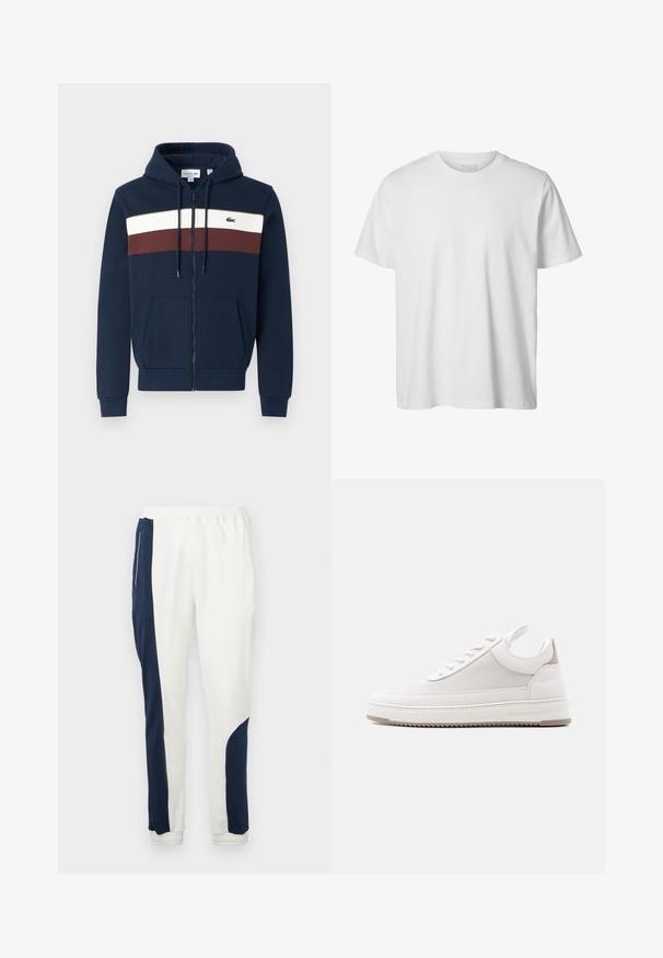 Navy Zip-Hoodie mit weißen und burgunderfarbenen horizontalen Streifen, Kängurutaschen, Kapuze mit Kordelzug und Lacoste-Logo auf der Brust.; Schlichtes weißes T-Shirt mit kurzen Ärmeln und Rundhalsausschnitt, lässiger Passform und ohne sichtbare Logos oder Designs auf der Vorderseite.; Weiße Jogginghosen mit marineblauen Seiteneinsätzen und elastischen Bündchen, aus weichem Stoff mit glatter Textur und einem Kordelzugbund.; Weißer Sneaker mit niedrigem Schaft, strukturiertem Seitenteil, gepolstertem Kragen, Schnürverschluss vorne und "Filling Pieces"-Branding am Sohlenrand.