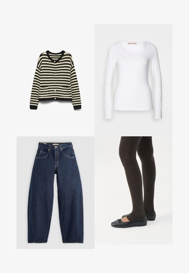 Cárdigan a rayas en negro y crema, con escote en V, cierre de botones, dos bolsillos frontales y tejido de punto texturizado.; Camiseta de algodón blanca de manga larga con escote redondeado y un diseño ajustado, de textura suave y sin adornos.; Jeans de mezclilla azul oscuro con un ajuste holgado, costuras claras, cinco bolsillos y un cierre de botón en la cintura.; Piernas con leggings oscuros acanalados combinados con bailarinas negras que presentan pequeños detalles de lazo sobre un fondo blanco.