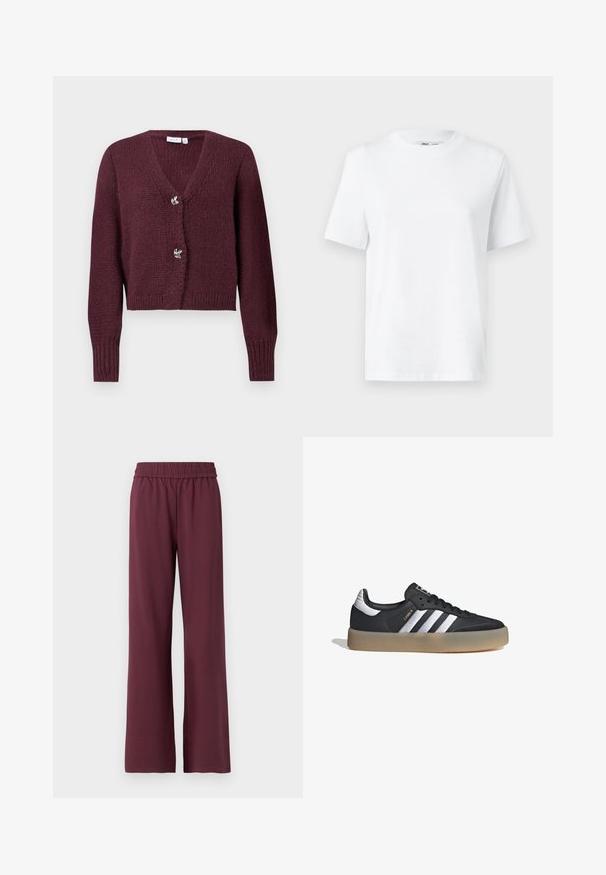 Cárdigan de punto burdeos con escote en V, mangas largas y dos botones decorativos en forma de flor en la parte delantera. Diseño corto.; Camiseta de algodón blanca de cuello redondo con mangas cortas y una textura suave. Diseñada con un ajuste relajado para mayor comodidad y versatilidad.; Pantalones de pierna ancha burdeos con cinturilla elástica, hechos de una tela suave, que presentan una textura lisa y un ajuste relajado.; Zapatilla deportiva de cuero negro con tres rayas plateadas, punta texturizada y suela de goma. Cuenta con un collar acolchado y un diseño con cordones.
