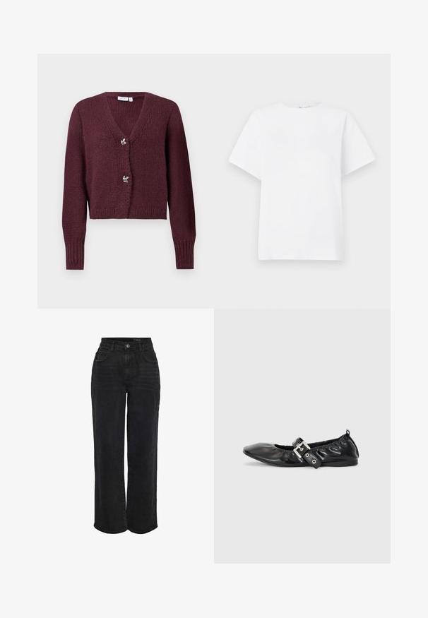 Gilet en tricot bordeaux avec un col en V, des manches longues et deux boutons décoratifs en forme de fleur à l'avant. Design court.; T-shirt blanc à manches courtes en coton. Doté d'un col rond, d'une coupe décontractée et d'une texture lisse sans motifs ni accents.; Jean en denim noir taille haute avec jambes droites, bouton frontal et design à cinq poches.; Chaussure plate en cuir noir avec un nez pointu, des détails froncés autour de l'ouverture et un accent en boucle argentée sur la bride ajustable.