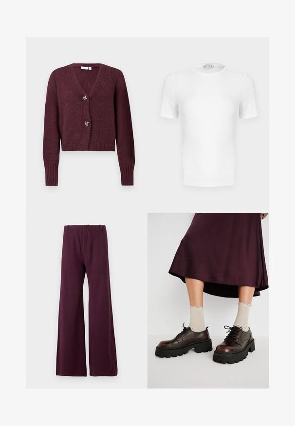 Gilet en tricot bordeaux avec un col en V, des manches longues et deux boutons décoratifs en forme de fleur à l'avant. Design court.; T-shirt blanc à manches courtes, côtelé, col rond avec une coupe ajustée et une petite étiquette de marque à l'intérieur du col.; Pantalons larges bordeaux en tissu léger. Caractéristiques d'une fermeture à bouton et à fermeture éclair à l'avant, avec une texture lisse et uniforme.; Chaussures en cuir brun à plateforme avec des semelles épaisses noires, associées à des chaussettes beiges côtelées avec des bords festonnés, sur un fond neutre.