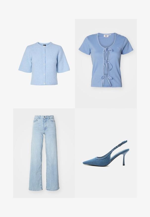 Hellblauer Kurzarm-Cardigan aus geripptem Material, mit rundem Ausschnitt und einer Knopfleiste mit fünf Knöpfen auf der Vorderseite.; Helles blaues, geripptes T-Shirt mit kurzen Ärmeln, featuring einen tiefen V-Ausschnitt und vordere Bindebänder zur Anpassung. Der Markenname ist auf der Brust gestickt.; Hellblaue weit geschnittene Jeans aus Denim. Verfügt über eine hohe Taille, einen vorderen Knopfverschluss und zwei Taschen. Glatte Textur mit subtilen Verwaschungen.; Blauer Denim-Pumps mit spitz zulaufender Vorderkappe, silbernen Ösendetails und verstellbarem Schnallenriemen.