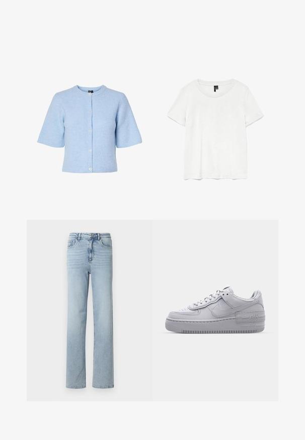 Hellblauer Kurzarm-Cardigan aus geripptem Material, mit rundem Ausschnitt und einer Knopfleiste mit fünf Knöpfen auf der Vorderseite.; Weißes T-Shirt mit kurzen Ärmeln und rundem Ausschnitt, hergestellt aus leichtem Stoff. Schlichtes Design, glatte Textur und gerader Saum.; Hellblaue Denim-Jeans mit geradem Beinausschnitt, klassischem Fünf-Taschen-Design und einem Knopf- und Reißverschluss an der Taille.; Graue Nike Air Force 1 Sneaker mit perforierter Zehenpartie, Obermaterial aus glattem Leder, dicker Sohle und geprägtem 'AIR'-Detail an der Ferse.