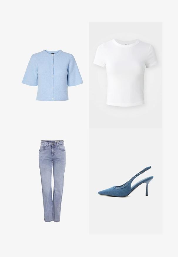 Lyseblå kortærmet cardigan lavet af ribbet materiale, med rund hals og fem knaplukninger foran.; Simpel hvid kortærmet cropped t-shirt med rund halsudskæring, præsenteret på en neutral lys baggrund.; Lyseblå lige ben jeans lavet af denim, med knaplukning, fem lommer og subtil falming foran og bagpå.; Blå denim spids tå slingback sko med høj hæl, sølv øjendesign og justerbar spænde.