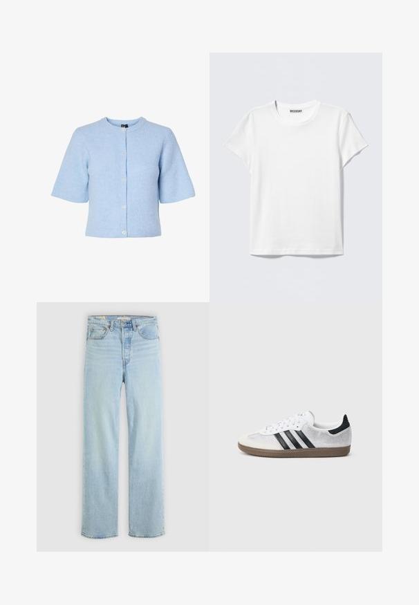 Cardigan à manches courtes bleu clair en matière côtelée, avec un col rond et une fermeture à cinq boutons à l'avant.; T-shirt blanc simple à manches courtes et col rond avec une étiquette "WEEKDAY" à l'intérieur du col, présenté sur un fond gris clair.; Jean en denim bleu clair avec une coupe droite, comportant cinq poches, une fermeture éclair classique et des accents de couture visibles.; Baskets en mesh blanc avec des rayures noires, un embout en daim beige et un accent sur le talon, semelle en caoutchouc texturée, et lacets blancs. Design classique à tige basse.