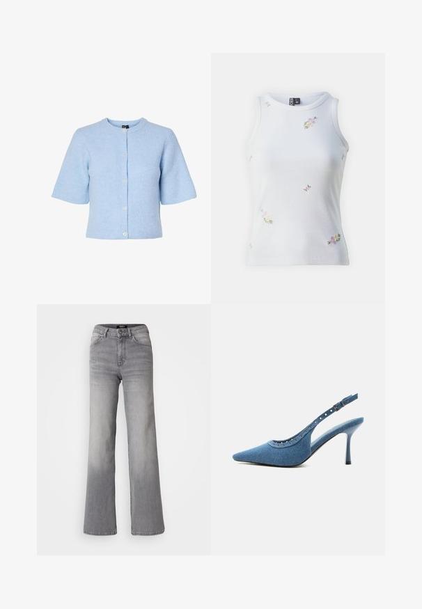 Lyseblå kortærmet cardigan lavet af ribbet materiale, med rund hals og fem knaplukninger foran.; Hvid ribbet top med delikat blomsterbroderi i pastelfarver. Scalloperet halsudskæring og armhuller, tætsiddende design.; Højtaljede grå denim jeans med lige ben, med frontknap og lynlås, foran og bagpå lommer, samt nedtoning på lår og lægge.; Blå denim spids tå slingback sko med høj hæl, sølv øjendesign og justerbar spænde.