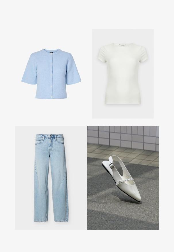 Hellblauer Kurzarm-Cardigan aus geripptem Material, mit rundem Ausschnitt und einer Knopfleiste mit fünf Knöpfen auf der Vorderseite.; Schlichtes weißes, tailliertes T-Shirt mit kurzen Ärmeln und rundem Halsausschnitt, auf neutralem Hintergrund dargestellt.; Hellblaue Straight-Leg-Jeans aus Denim mit Vordertaschen, Gürtelschlaufen und Knopfverschluss auf einem schlichten weißen Hintergrund.; Weißer spitzer Slingback-Slipper mit zwei silbernen Schnallen, abgebildet im Freien auf strukturiertem Boden und gefliester Wand im Hintergrund.