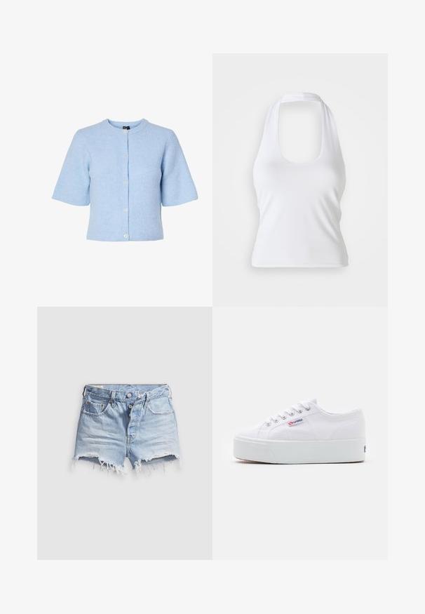 Svetlomodrý krátky svetrík s krátkymi rukávmi vyrobený z rebrového materiálu, s okrúhlym výstrihom a piatimi gombíkmi na prednej strane.; Biely halter top s výstrihom do véčka, vyrobený z hladkej, elastickej látky. Disponuje minimalistickým dizajnom bez ozdôb alebo vzorov.; Svetlomodré rifľové krátke nohavice s rozstrapkanými lemami, piatimi vreckami a zapínaním na gombíky. Textúra je mäkká s jemne opotrebovaným vzhľadom.; Biele plátenné tenisky s hrubou bielou platformou, okrúhlou špičkou a kovovými očkami na šnúrky. Logo značky zobrazené na boku.