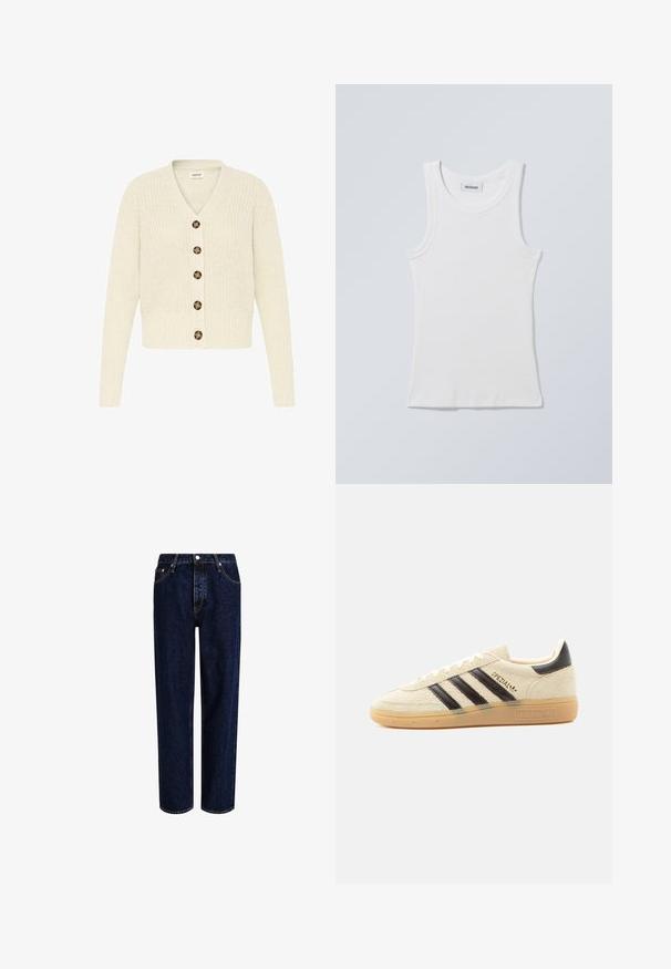 Cremefarvet strikket cardigan med v-udskæring og seks brune knapper fortil. Ribbet manchetter og talje, med et struktureret mønster.; Hvid bomulds tanktop med rund halsudskæring og brede skulderstropper. Har ribstrikket tekstur og lige kant forneden. Mærke vist ved halsudskæringen.; Mørkeblå denim jeans med lige ben-design, der har høj talje, fem-lomme-stil og kontrastsyninger. Ingen dekorationer.; Kremfarvet ruskindssneaker med sorte striber, gummisål, sort hælstrop og gyldent "SPEZIAL"-tekst på siden.