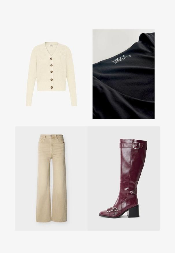 Cremefarvet strikket cardigan med v-udskæring og seks brune knapper fortil. Ribbet manchetter og talje, med et struktureret mønster.; Sort scoop neck top lavet af blødt stof med en glat tekstur og mærkenavnet "NEXT" trykt i hvidt ved halsudskæringen.; Beige højtaljede vide ben jeans med forreste knap og lynlås, for- og baglommer samt bæltestropper på en hvid baggrund.; Burgundy læderknæhøje støvler med spidse tæer, sølvspænder og blokhæl. Har en glat, skinnende overflade.