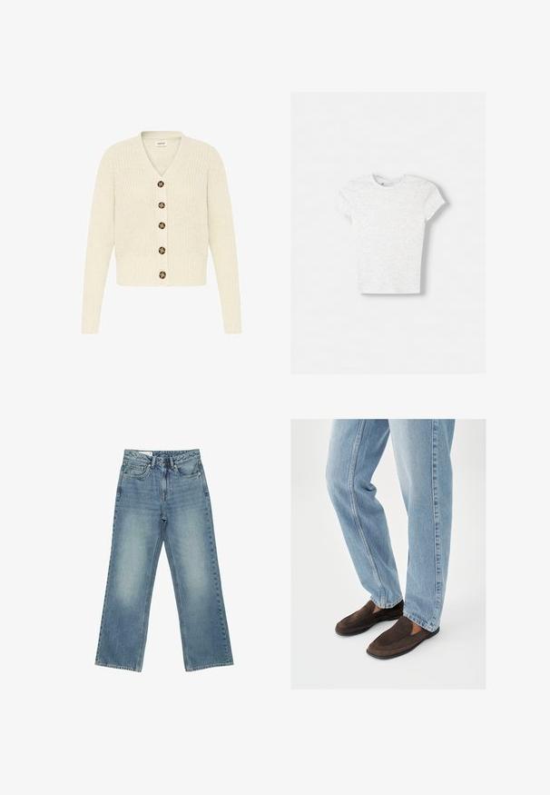 Cremefarvet strikket cardigan med v-udskæring og seks brune knapper fortil. Ribbet manchetter og talje, med et struktureret mønster.; Lys grå kortærmet T-shirt lavet af blød, tekstureret stof. Klassisk rund halsudskæring med normal pasform og minimalistisk design.; Blå jeans med høj talje og lige ben, med fem lommer, knaplukning og en diskret falmet vask på forsiden af lårene.; Brune ruskinds slip-on sko med en glat tekstur, der har en rundet tå og minimal syning, kombineret med lyseblå denimjeans.