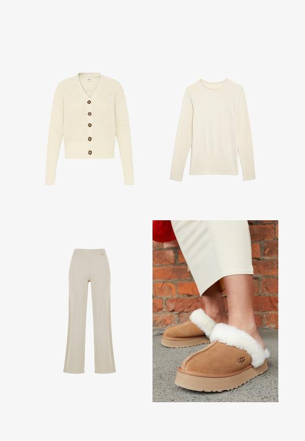 Cárdigan de color crema, tejido, con escote en V y seis botones marrones en la parte delantera. Puños y cintura acanalados, con un patrón texturizado.; Camisa de manga larga color crema en una tela suave y lisa con un cuello redondo y un diseño minimalista. Sin patrones ni acentos adicionales.; Pantalones de pierna ancha beige con una suave textura acanalada, cinturilla elástica y sin adornos visibles, que ofrecen una silueta relajada.; Pantuflas de ante marrón con ribete de piel de oveja blanca. Suela intermedia gruesa y suela texturizada. Logotipo de UGG visible en el lateral. Diseño casual de fácil puesta.