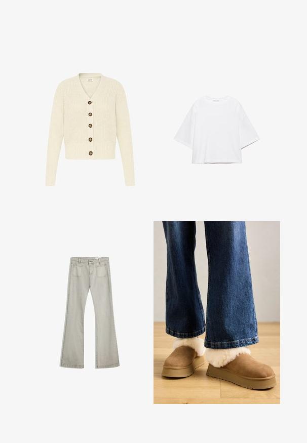 Cremefarvet strikket cardigan med v-udskæring og seks brune knapper fortil. Ribbet manchetter og talje, med et struktureret mønster.; Hvid, kortærmet, løs t-shirt lavet af blød bomuld. Har rund halsudskæring og brede ærmer, med et rent, enkelt design.; Udvidede jeans i lys grå denim, med knaplukning, fem lommer og subtile stikninger langs sømmene.; Brune ruskindssandaler med en tykk lys pelsopfoldning, monteret på en beige platformssål, parret med bredbenede denimjeans.